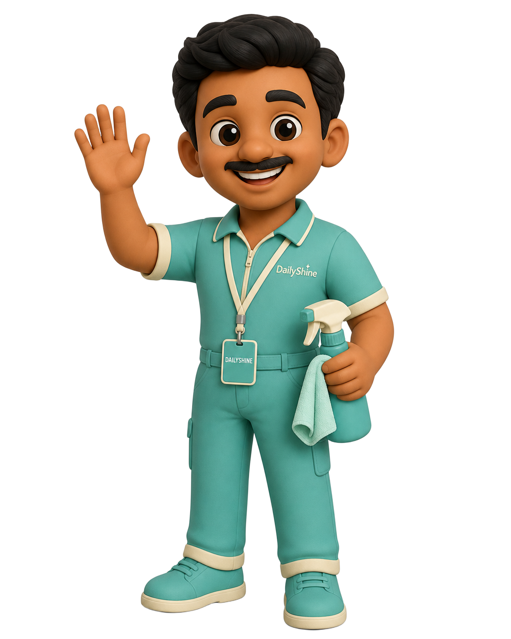 Shine, the DailyShine mascot in teal uniform waving with a spray bottle and microfiber cloth
